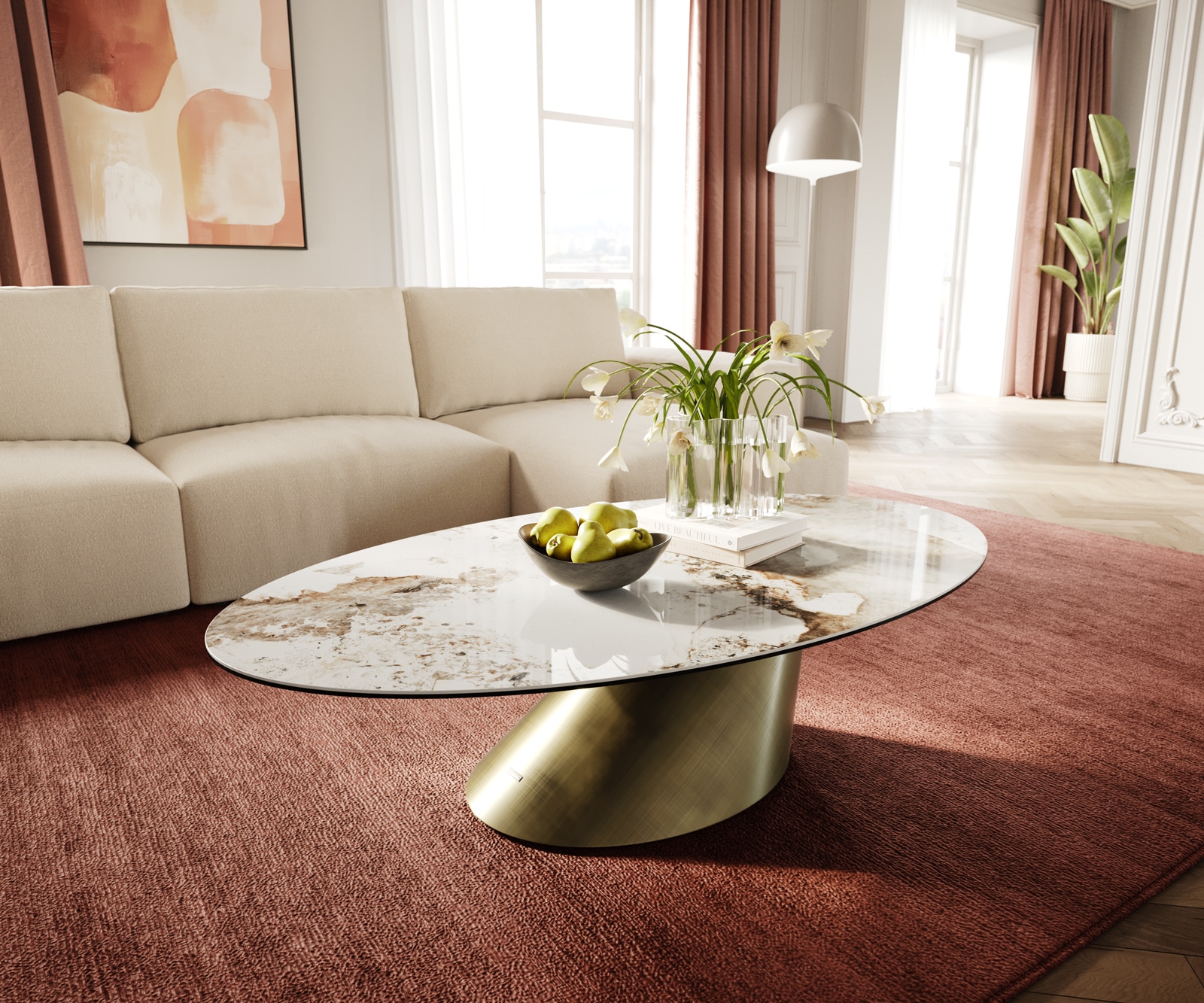 Couchtisch Edge Oval 140x80 cm Keramik Minas Melange Conis Metallic Gold von DELIFE
