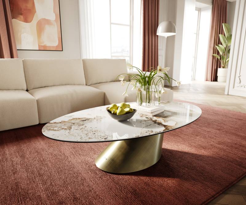 Couchtisch Edge Oval 140x80 cm Keramik Minas Melange Conis Metallic Gold von DELIFE
