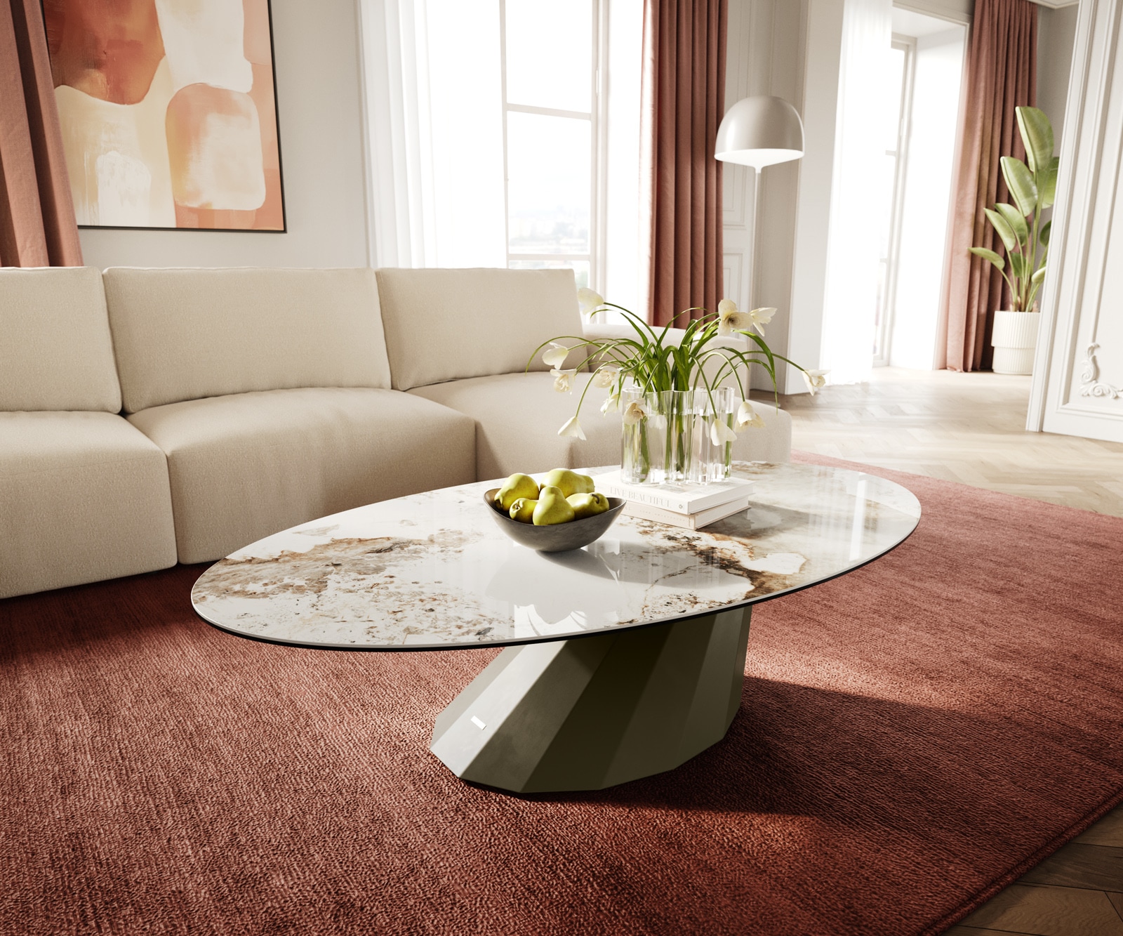 Couchtisch Edge Oval 140x80 cm Keramik Minas Melange Parabi Metall Effektfinish Titan von DELIFE