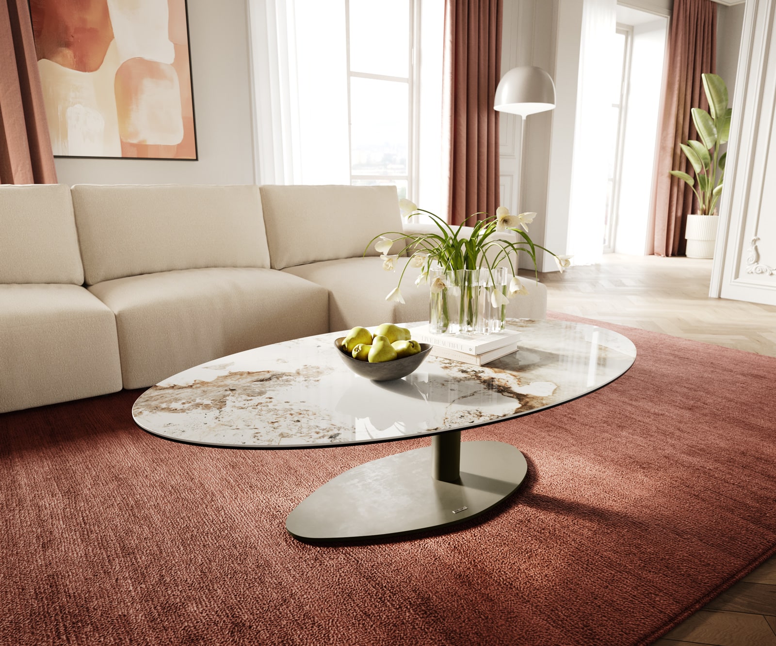 Couchtisch Edge Oval 140x80 cm Keramik Minas Melange Vibany Metall Effektfinish Titan von DELIFE
