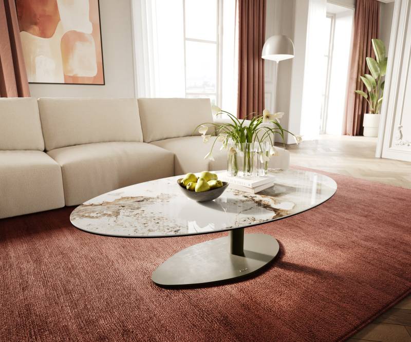 Couchtisch Edge Oval 140x80 cm Keramik Minas Melange Vibany Metall Effektfinish Titan von DELIFE