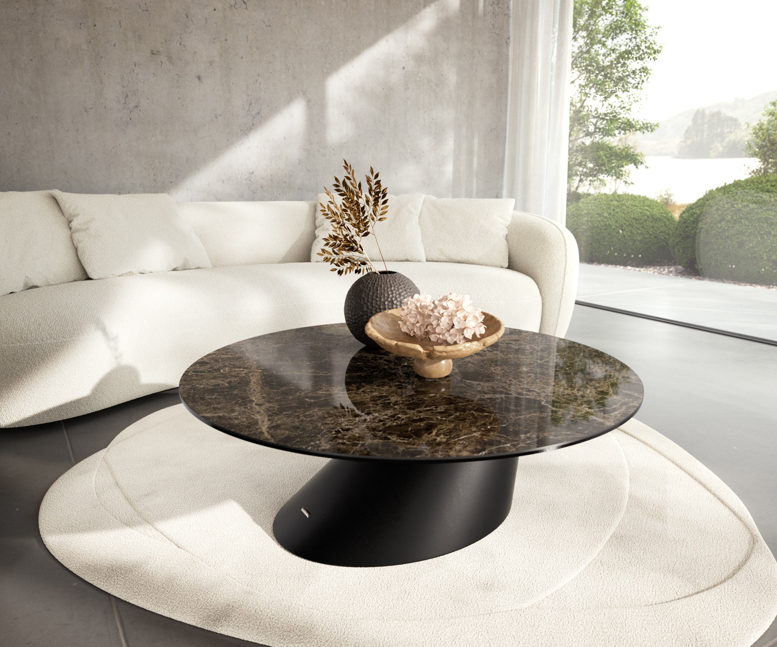Couchtisch Edge Rund 100x100 cm Keramik Laminam® Emperador Extra Lucidato Dunkelbraun Conis Metall Schwarz von DELIFE