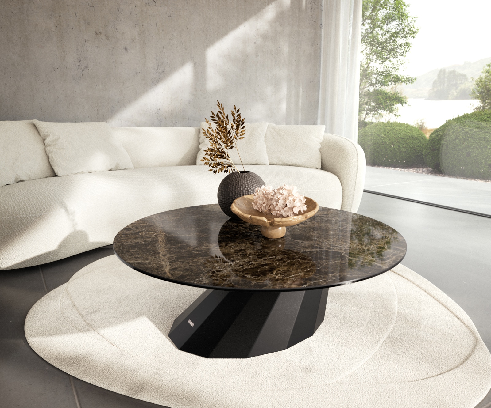 Couchtisch Edge Rund 100x100 cm Keramik Laminam® Emperador Extra Lucidato Dunkelbraun Parabi Metall Schwarz von DELIFE
