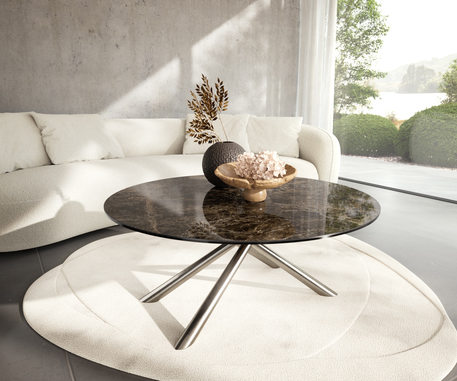 Couchtisch Edge Rund 100x100 cm Keramik Laminam® Emperador Extra Lucidato Dunkelbraun Sarity Edelstahl gebürstet von DELIFE