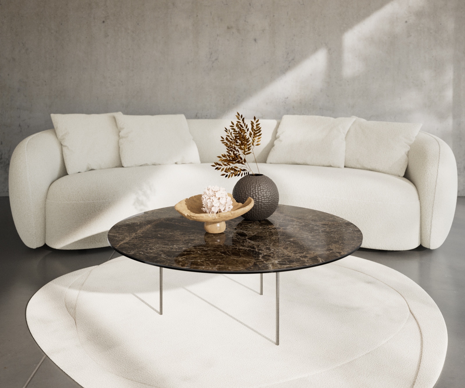 Couchtisch Edge Rund 100x100 cm Keramik Laminam® Emperador Extra Lucidato Dunkelbraun Trive Edelstahl gebürstet von DELIFE
