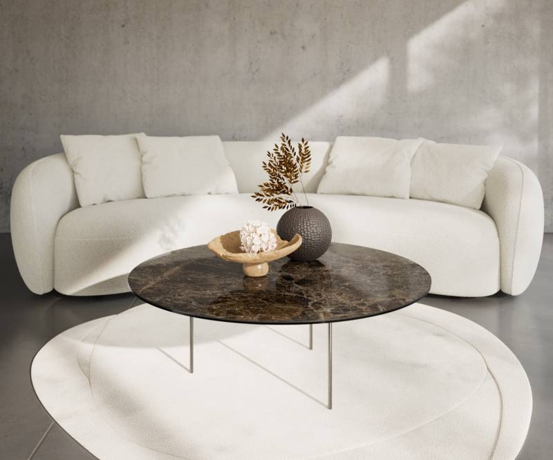 Couchtisch Edge Rund 100x100 cm Keramik Laminam® Emperador Extra Lucidato Dunkelbraun Trive Edelstahl gebürstet von DELIFE