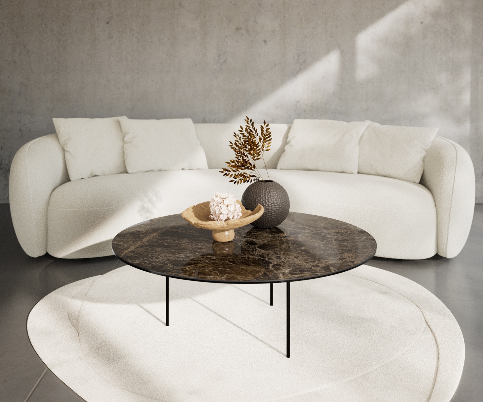 Couchtisch Edge Rund 100x100 cm Keramik Laminam® Emperador Extra Lucidato Dunkelbraun Trive Metall Schwarz von DELIFE