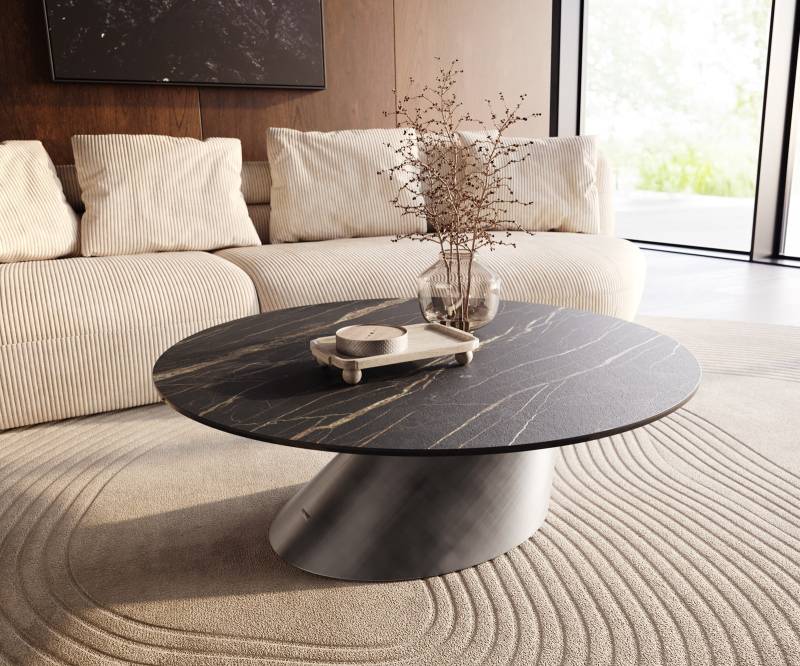 Couchtisch Edge Rund 100x100 cm Keramik Laminam® Noir Desir Braun Conis Metallic Silber von DELIFE