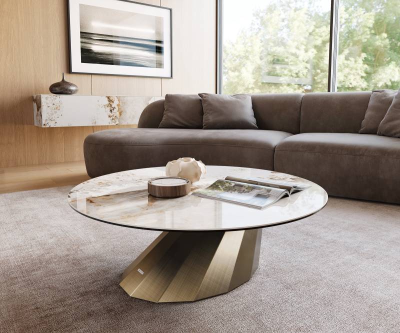 Couchtisch Edge Rund 100x100 cm Keramik Minas Melange Parabi Metallic Gold von DELIFE