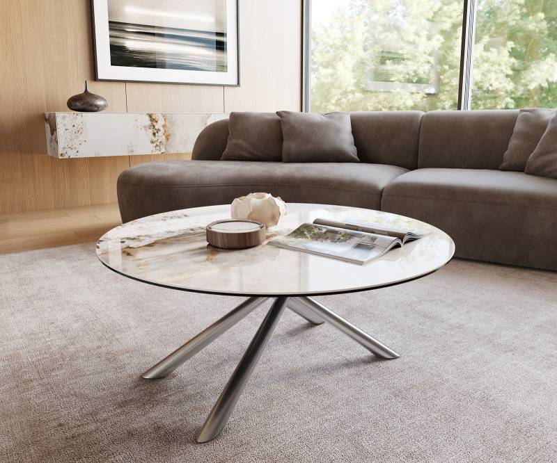 Couchtisch Edge Rund 100x100 cm Keramik Minas Melange Sarity Edelstahl gebürstet von DELIFE