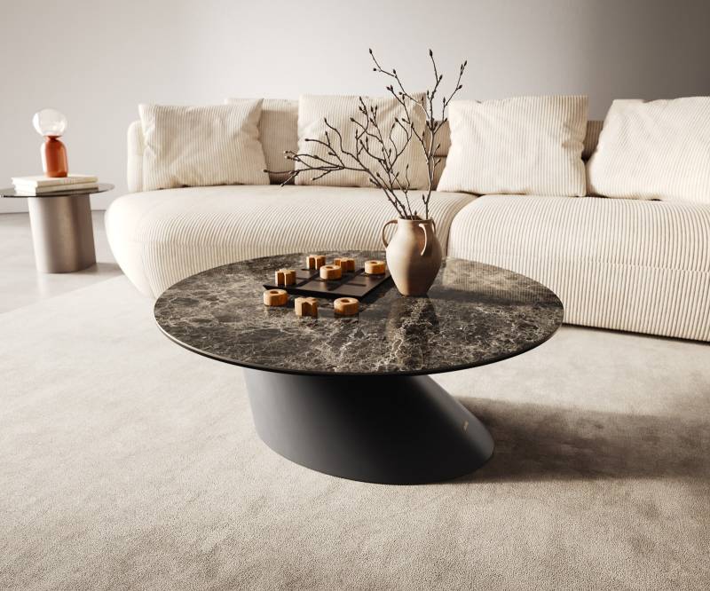 Couchtisch Edge Rund 90x90 cm Keramik Laminam® Emperador Extra Lucidato Dunkelbraun Conis Metall Schwarz von DELIFE