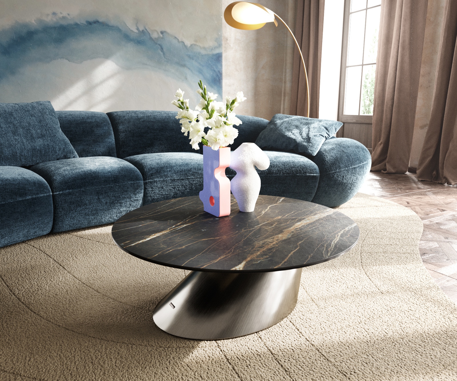 Couchtisch Edge Rund 90x90 cm Keramik Laminam® Noir Desir Braun Conis Edelstahl gebürstet von DELIFE