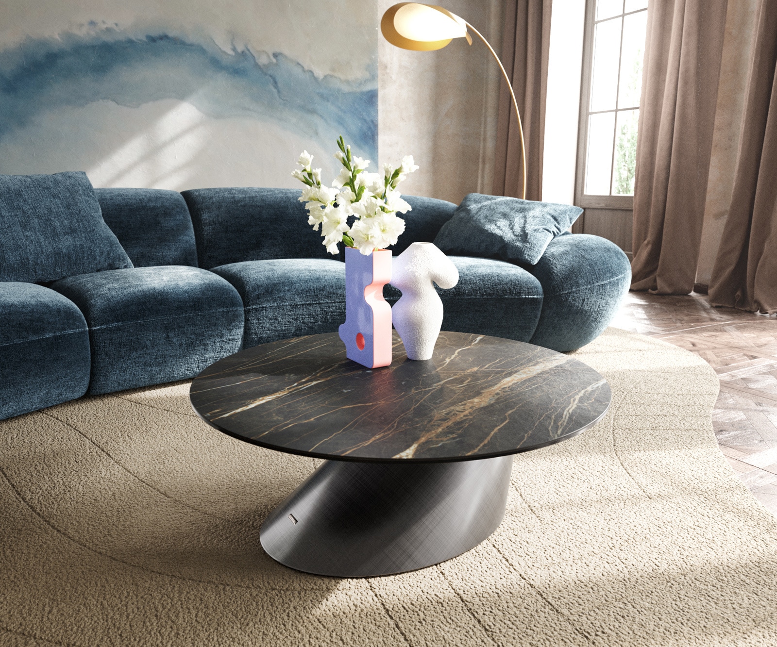 Couchtisch Edge Rund 90x90 cm Keramik Laminam® Noir Desir Braun Conis Metallic Silber von DELIFE