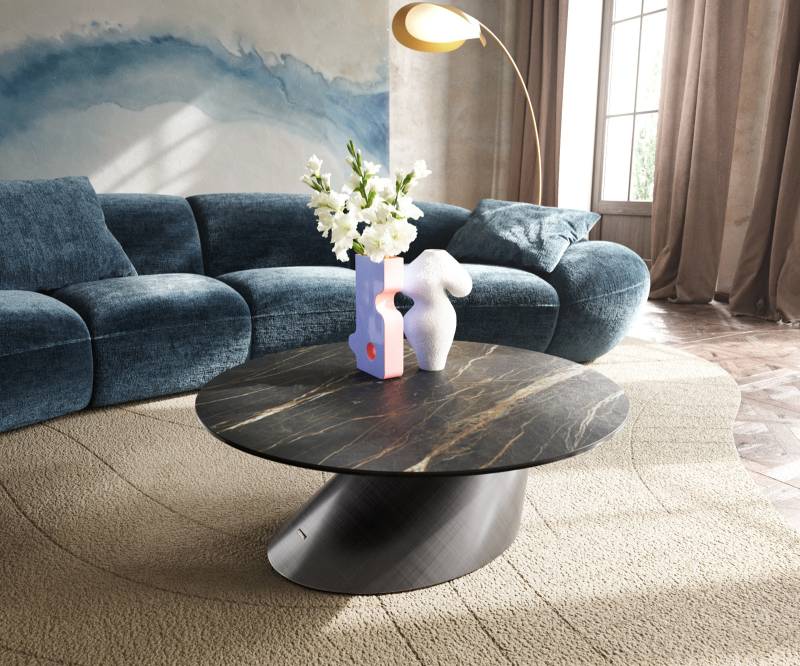 Couchtisch Edge Rund 90x90 cm Keramik Laminam® Noir Desir Braun Conis Metallic Silber von DELIFE