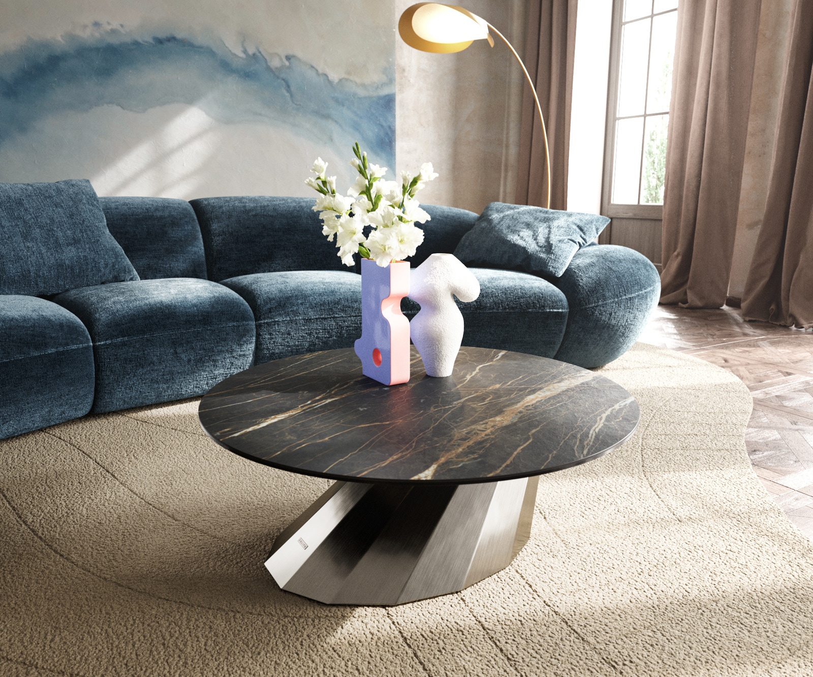 Couchtisch Edge Rund 90x90 cm Keramik Laminam® Noir Desir Braun Parabi Edelstahl gebürstet von DELIFE