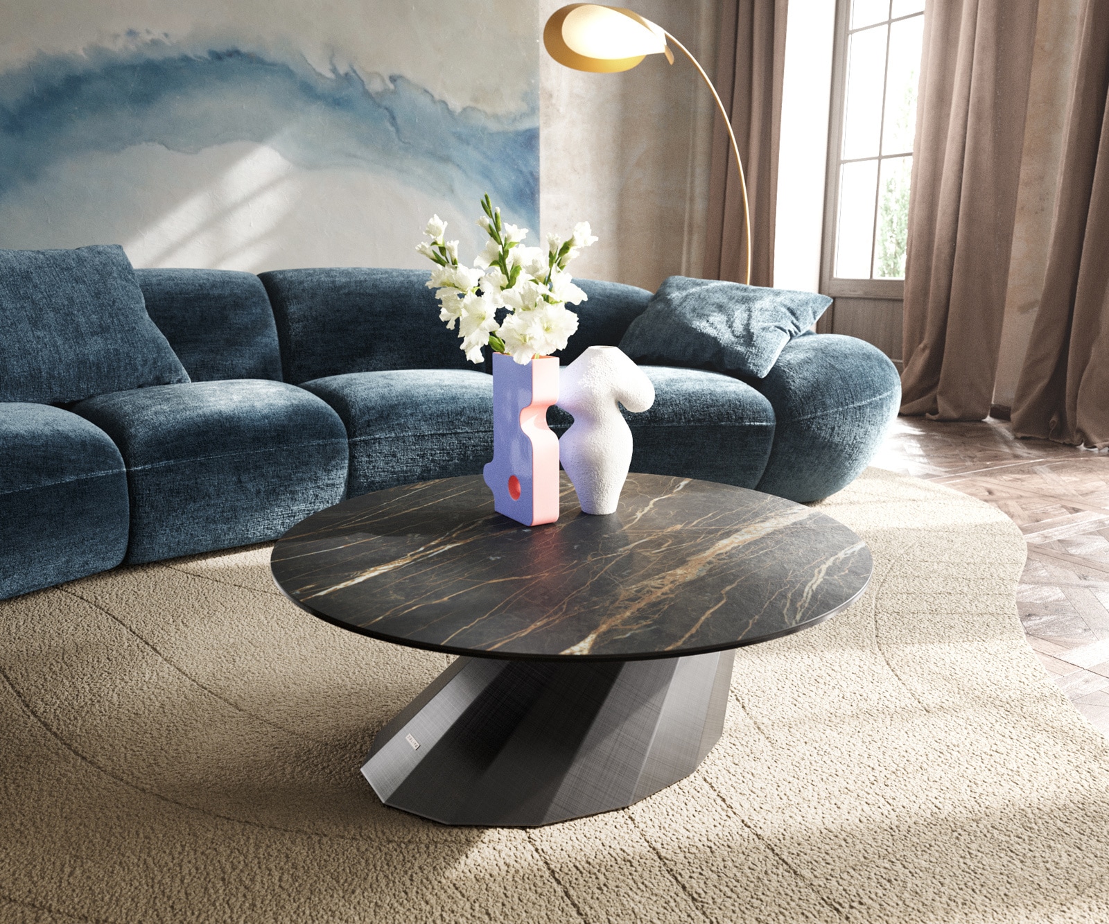 Couchtisch Edge Rund 90x90 cm Keramik Laminam® Noir Desir Braun Parabi Metallic Silber von DELIFE