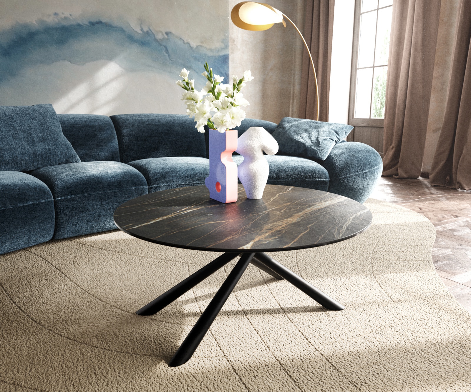 Couchtisch Edge Rund 90x90 cm Keramik Laminam® Noir Desir Braun Sarity Metall Schwarz von DELIFE