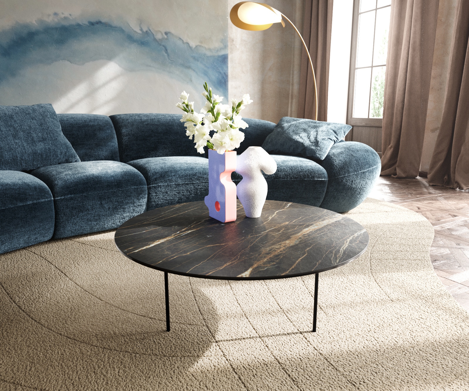 Couchtisch Edge Rund 90x90 cm Keramik Laminam® Noir Desir Braun Trive Metall Schwarz von DELIFE