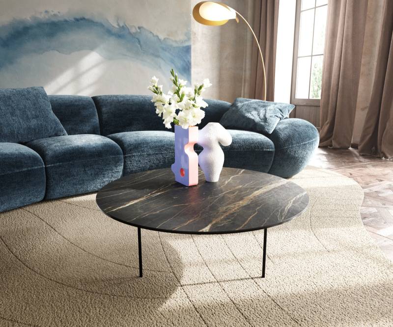 Couchtisch Edge Rund 90x90 cm Keramik Laminam® Noir Desir Braun Trive Metall Schwarz von DELIFE