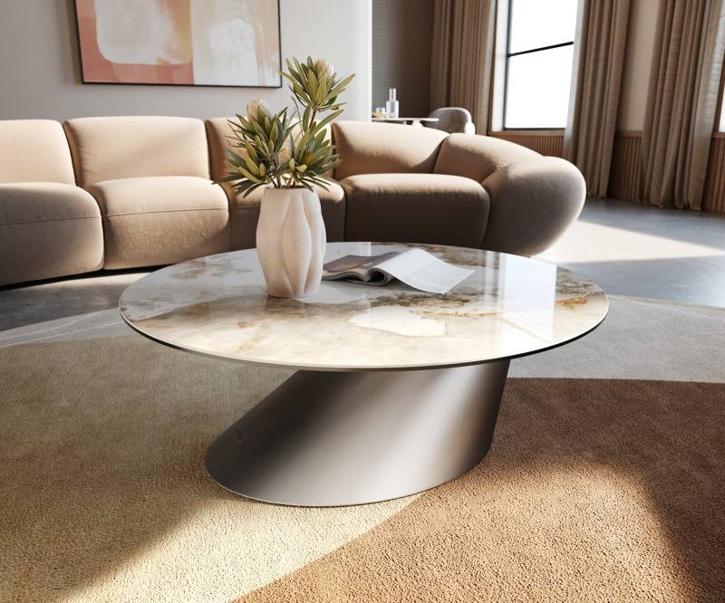 Couchtisch Edge Rund 90x90 cm Keramik Minas Melange Conis Edelstahl gebürstet von DELIFE