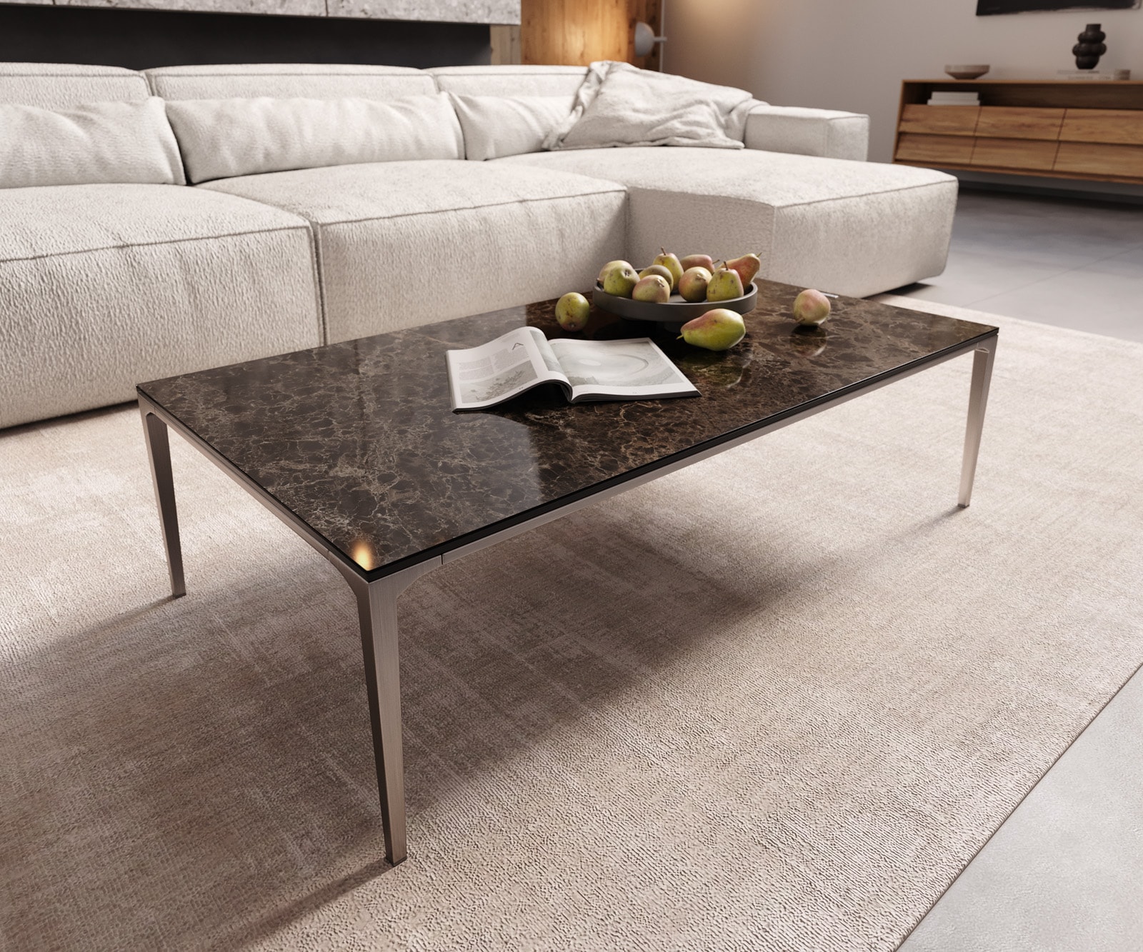 Couchtisch Levente 110x60 cm Keramik Laminam®Emperador Extra Lucidato Dunkelbraun Gestell Edelstahl Silber von DELIFE