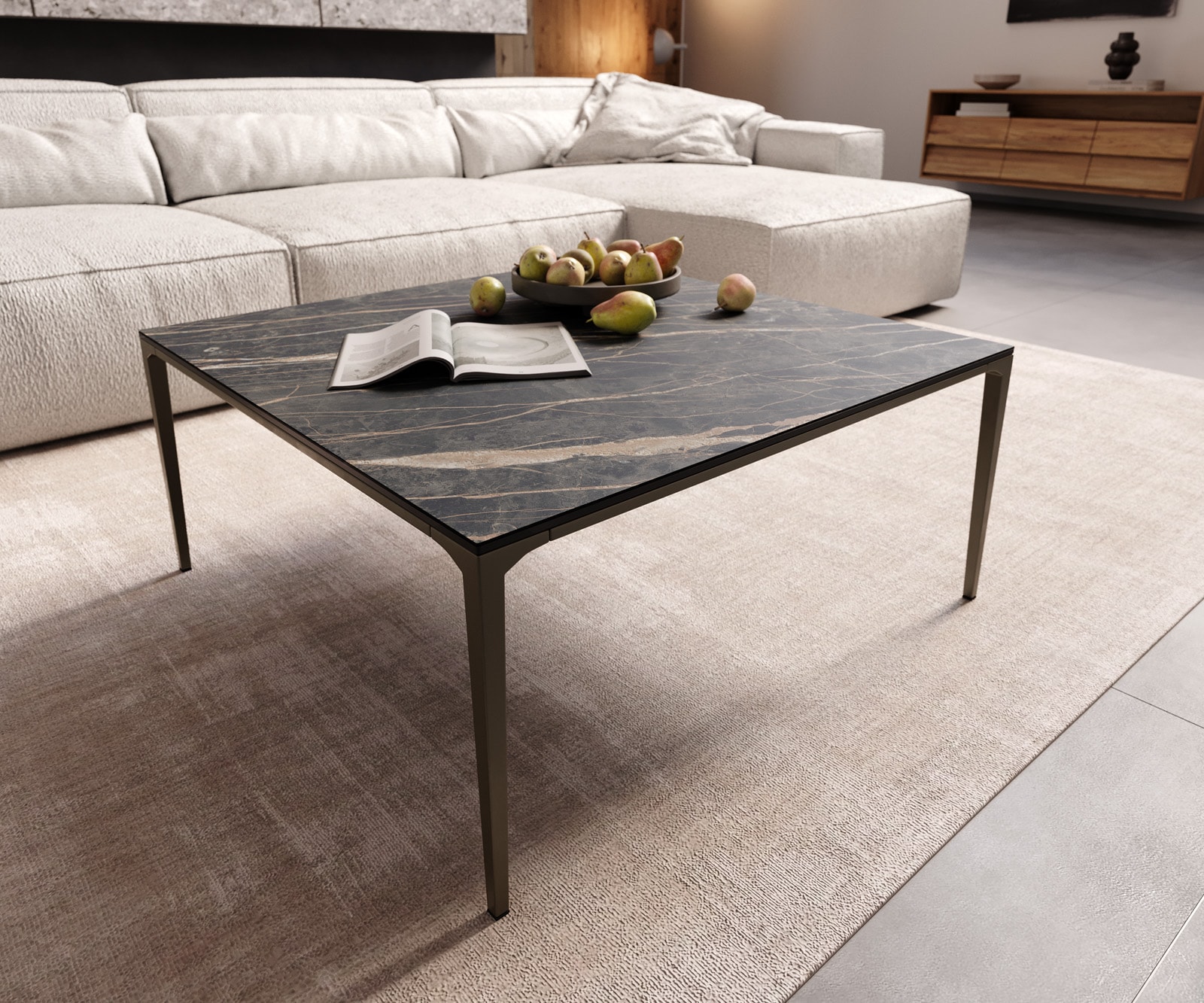Couchtisch Levente 85x85 cm Keramik Laminam®Noir Desir Braun Gestell Metall Effektfinish Titan von DELIFE