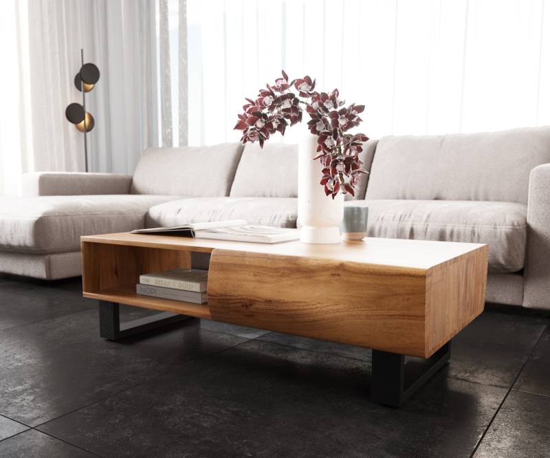 Couchtisch New Live-Edge 115x60 cm Akazie Natur 2 Schubladen 1 Fach Kufe Metall Schwarz von DELIFE
