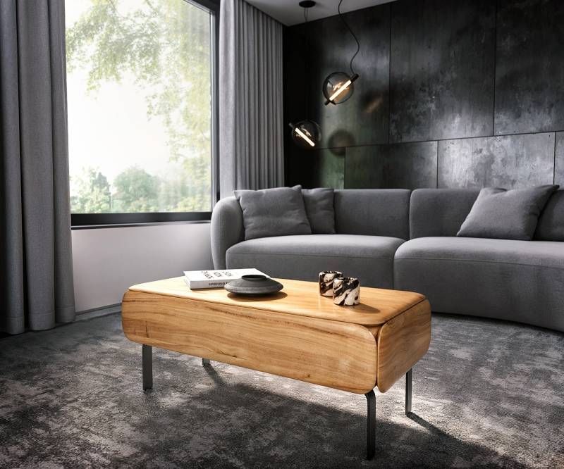 Couchtisch Shavani 100x50 cm Akazie Natur 2 Schubladen L-Fuß Metall Schwarz von DELIFE
