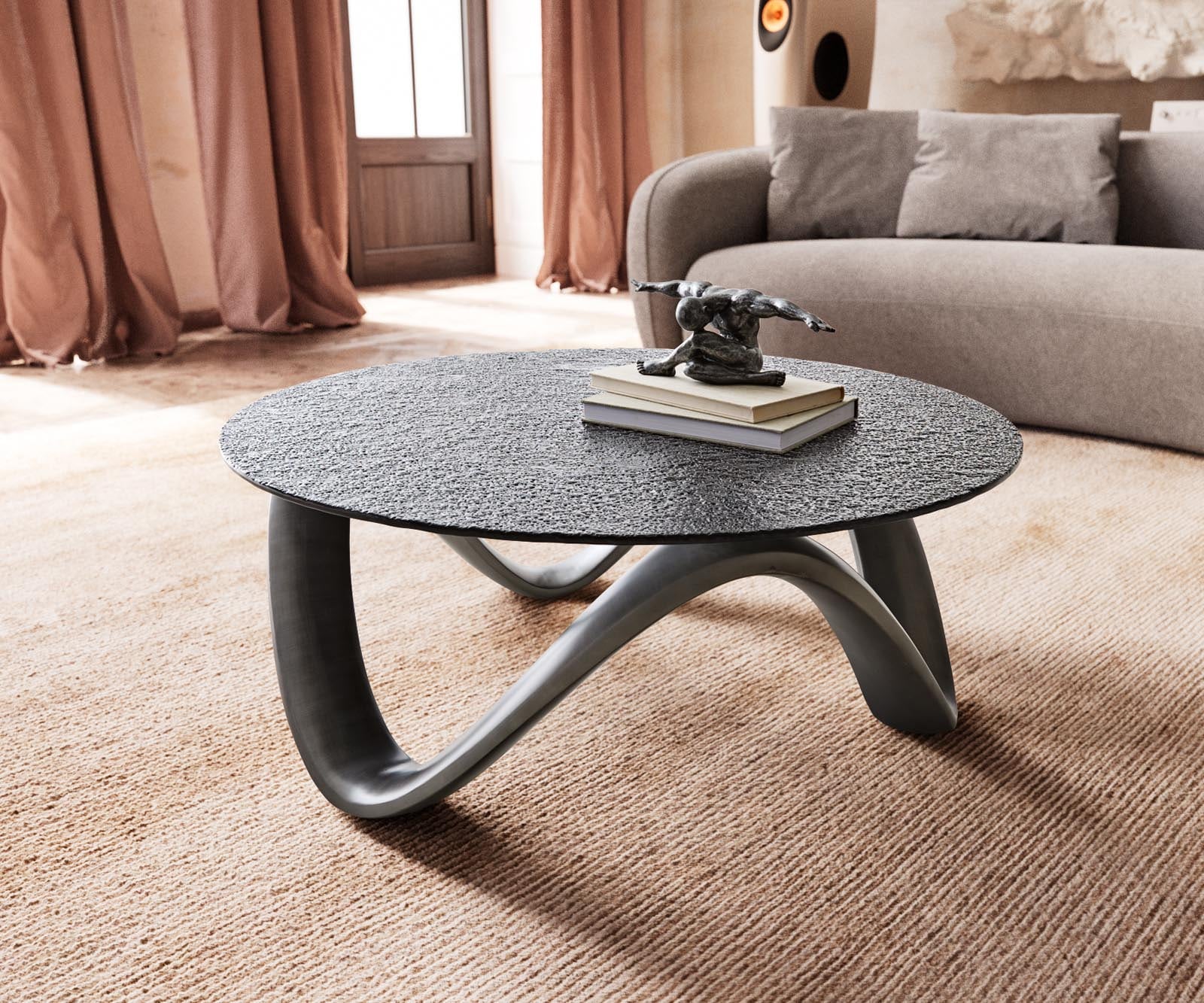 Couchtisch Tanju 90x90 cm Metallic Silber mit Reliefglas Grau von DELIFE