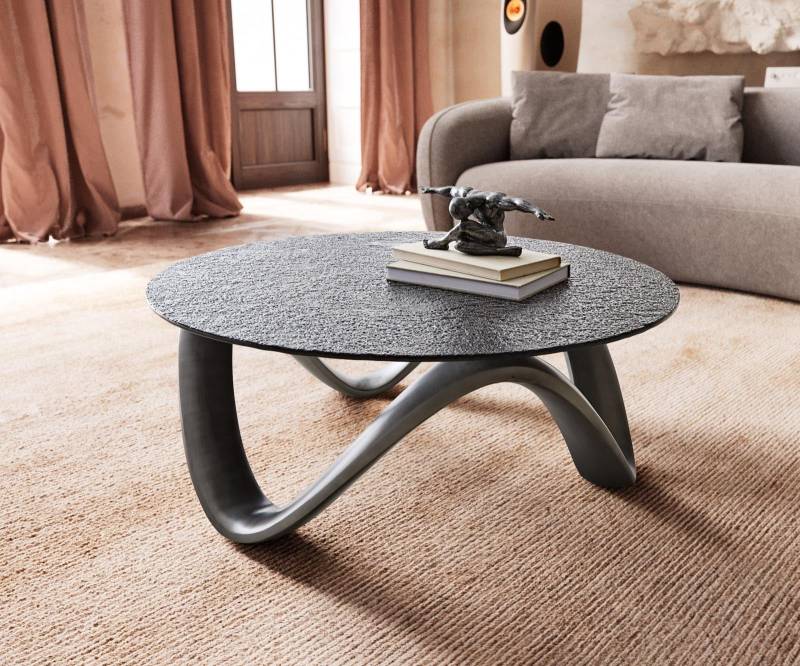 Couchtisch Tanju 90x90 cm Metallic Silber mit Reliefglas Grau von DELIFE