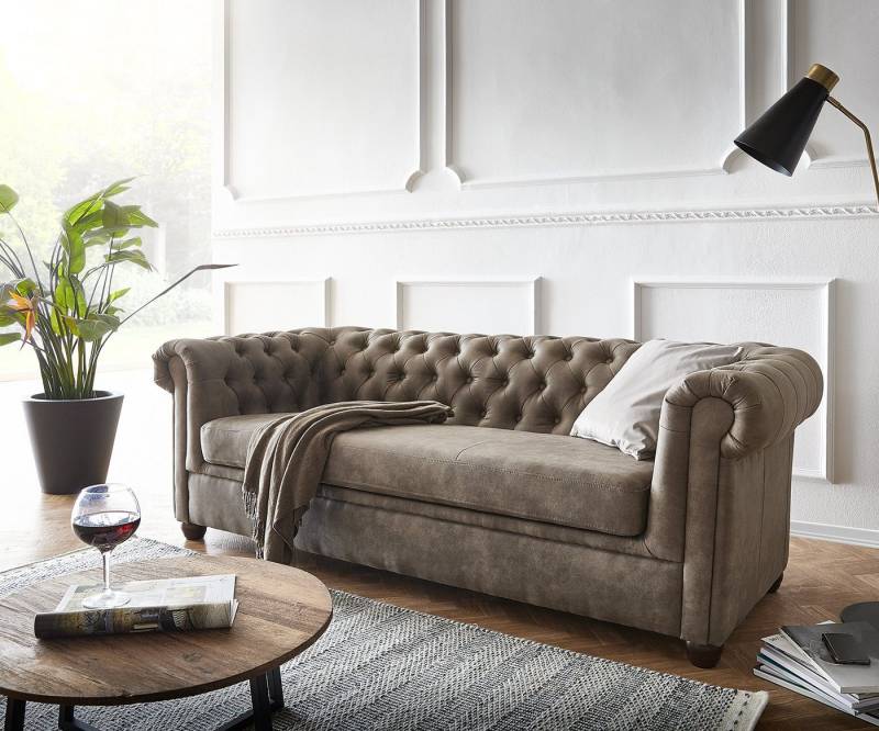 DELIFE 3-Sitzer Chesterfield, 3-Sitzer Vintage Taupe Abgesteppt von DELIFE