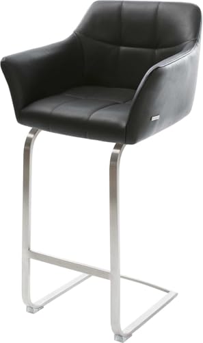 Barstuhl Yulo-Flex Freischwinger flach Edelstahl Echt-Leder Schwarz von DELIFE