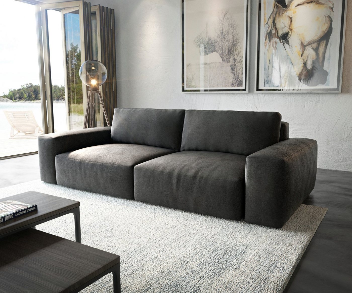 DELIFE Big-Sofa Lanzo, XL Lederimitat Vintage Anthrazit 270x130 cm von DELIFE