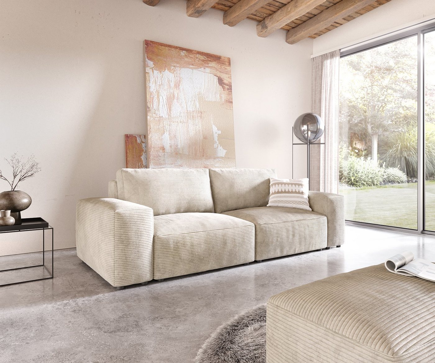 DELIFE Big-Sofa Lanzo, L Cord Beige 260x110 cm mit Hocker von DELIFE