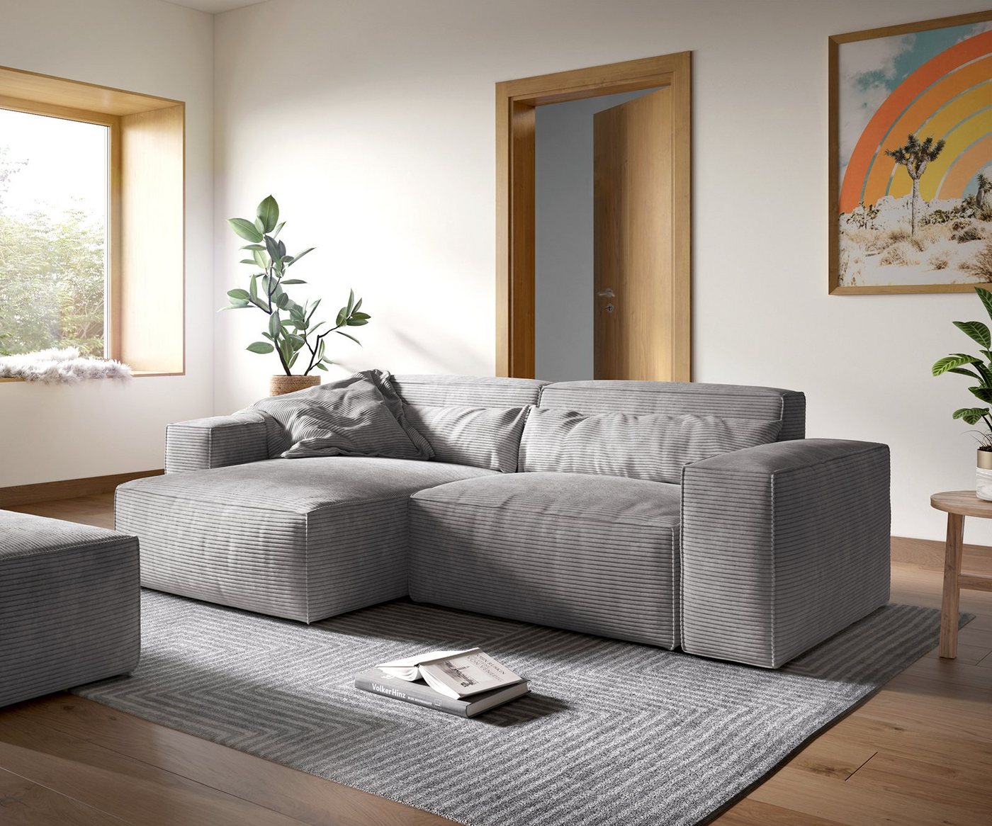 DELIFE Big-Sofa Sirpio, XL Cord Silbergrau 270x170 cm Recamiere variabel mit Hocker von DELIFE