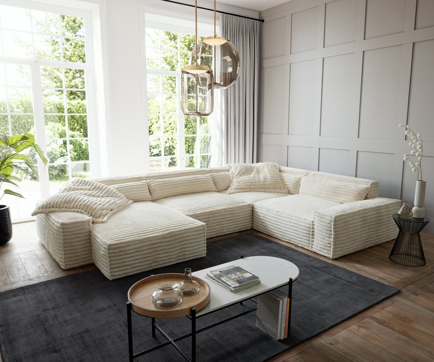 DELIFE Big-Sofa Sirpio, XL Plüschcord Beige 360x260 cm Recamiere variabel von DELIFE
