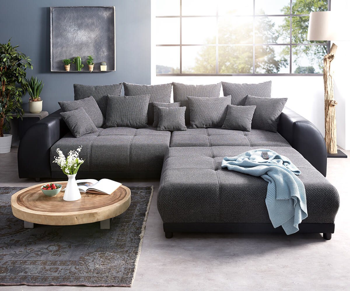DELIFE Big-Sofa Violetta, Schwarz 310x135 cm inklusive Hocker und Kissen Big-Sofa von DELIFE