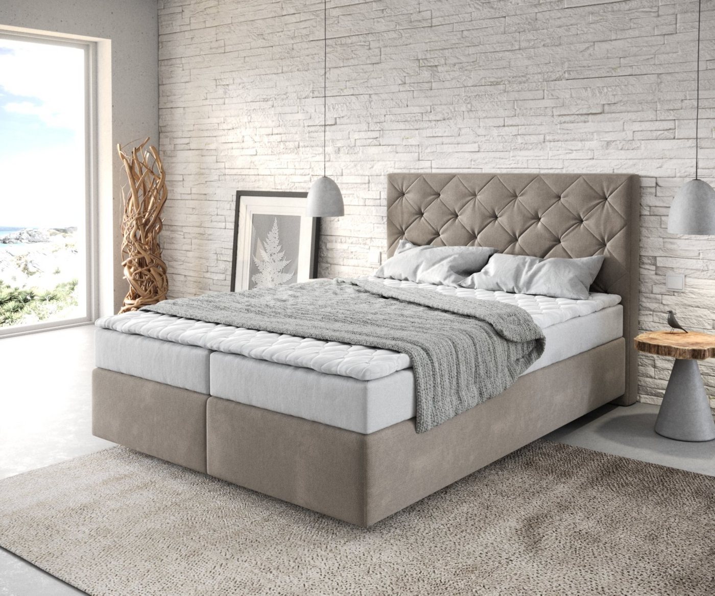 DELIFE Boxspringbett Dream-Great, Mikrofaser Beige 140x200 cm mit Matratze und Topper von DELIFE