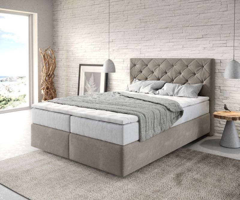 DELIFE Boxspringbett Dream-Great, Mikrofaser Beige 140x200 cm mit TFK Matratze und Visco Topper von DELIFE