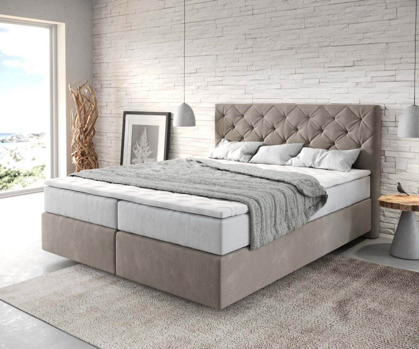 DELIFE Boxspringbett Dream-Great, Mikrofaser Beige 160x200 cm mit TFK Matratze und Visco Topper von DELIFE