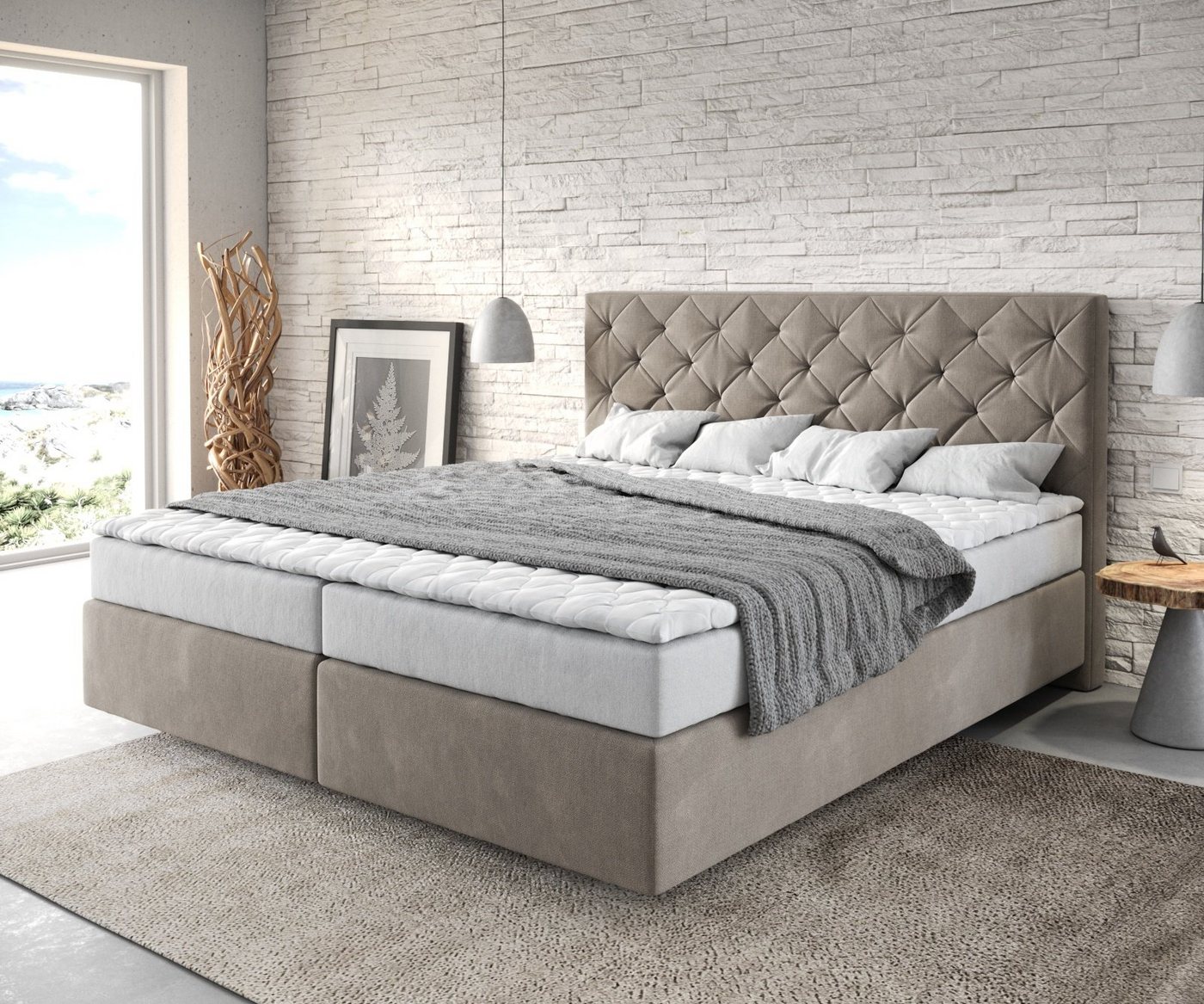 DELIFE Boxspringbett Dream-Great, Mikrofaser Beige 180x200 cm mit Matratze und Topper von DELIFE