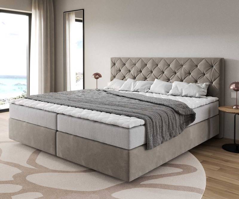 DELIFE Boxspringbett Dream-Great, Mikrofaser Beige 200x200 cm mit Taschenfederkernmatratze und Topper Vi von DELIFE