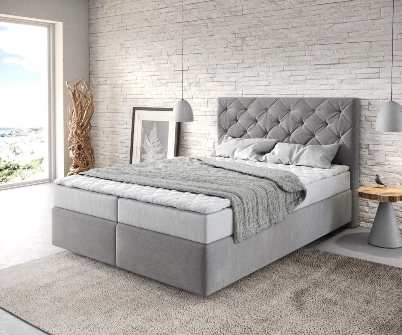 DELIFE Boxspringbett Dream-Great, Mikrofaser Grau 140x200 cm mit Matratze und Topper von DELIFE