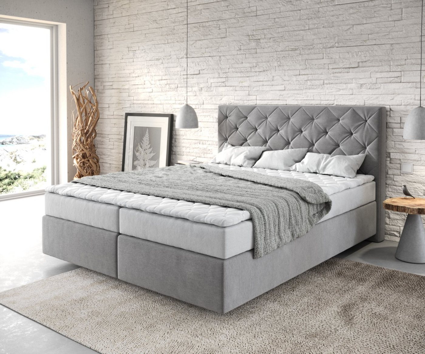 DELIFE Boxspringbett Dream-Great, Mikrofaser Grau 160x200 cm mit Matratze und Topper von DELIFE