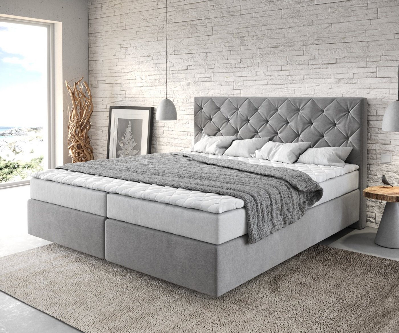 DELIFE Boxspringbett Dream-Great, Mikrofaser Grau 180x200 cm mit Matratze und Topper von DELIFE