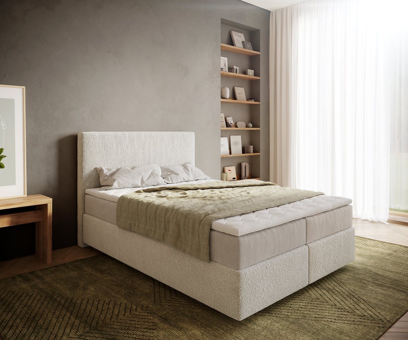 DELIFE Boxspringbett Dream-Well, Bouclé Creme-Weiß 140x200 cm mit Taschenfederkernmatratze und Topper V von DELIFE