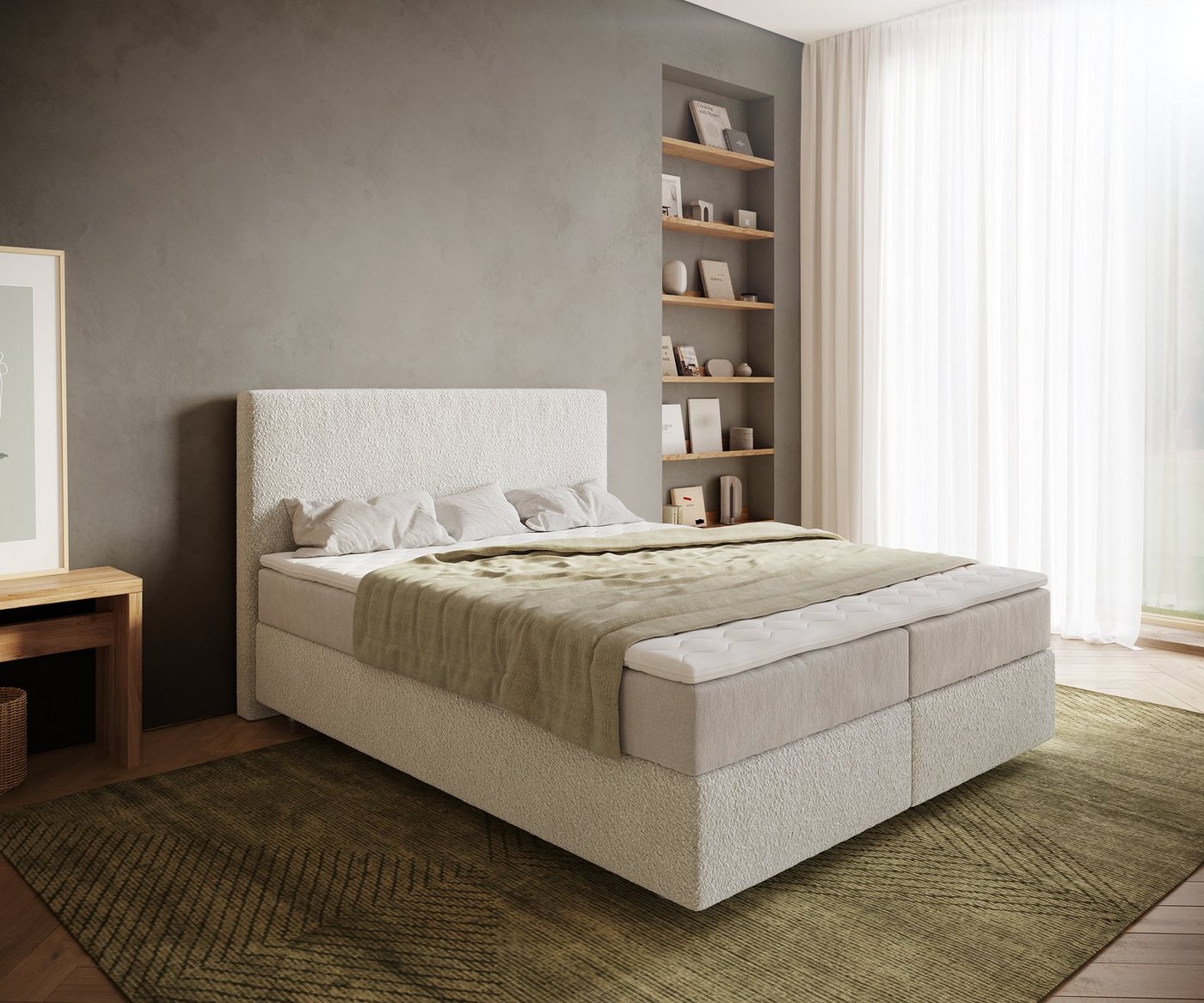 DELIFE Boxspringbett Dream-Well, Bouclé Creme-Weiß 160x200 cm mit Taschenfederkernmatratze und Topper V von DELIFE