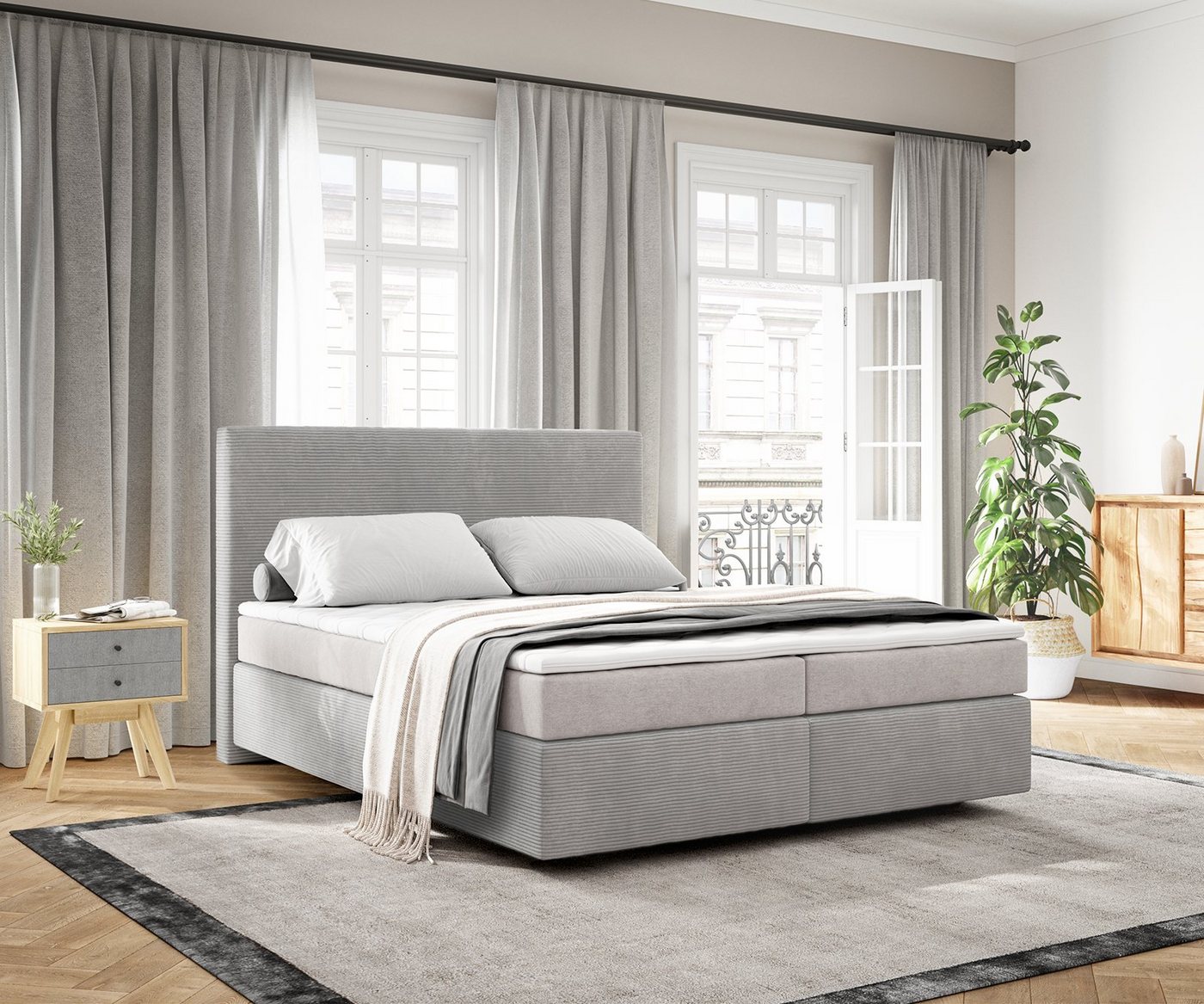 DELIFE Boxspringbett Dream-Well, Cord Silbergrau 160x200 cm mit TFK Matratze u. Topper von DELIFE