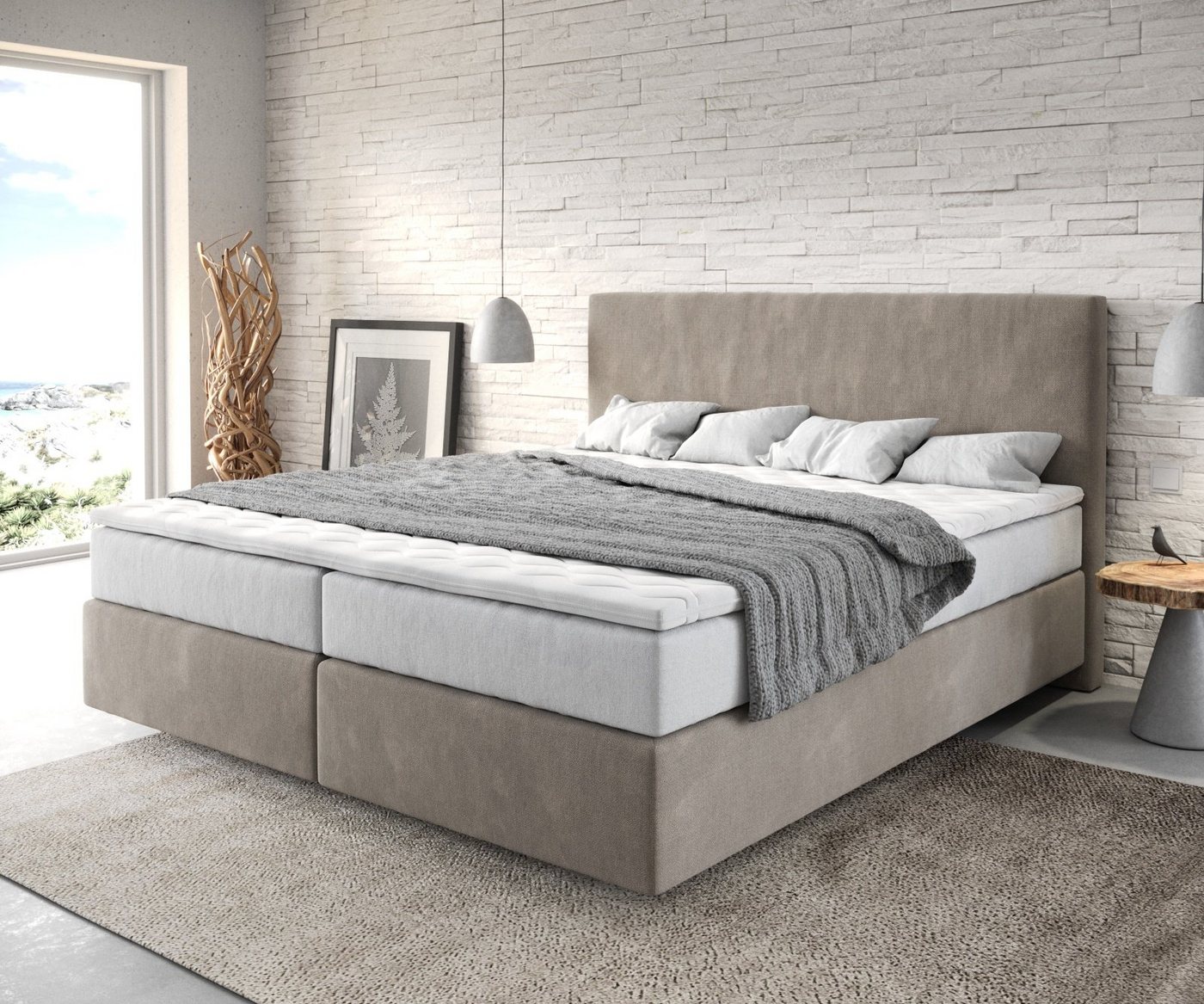 DELIFE Boxspringbett Dream-Well, Mikrofaser Beige 180x200 cm mit TFK Matratze und Visco Topper von DELIFE