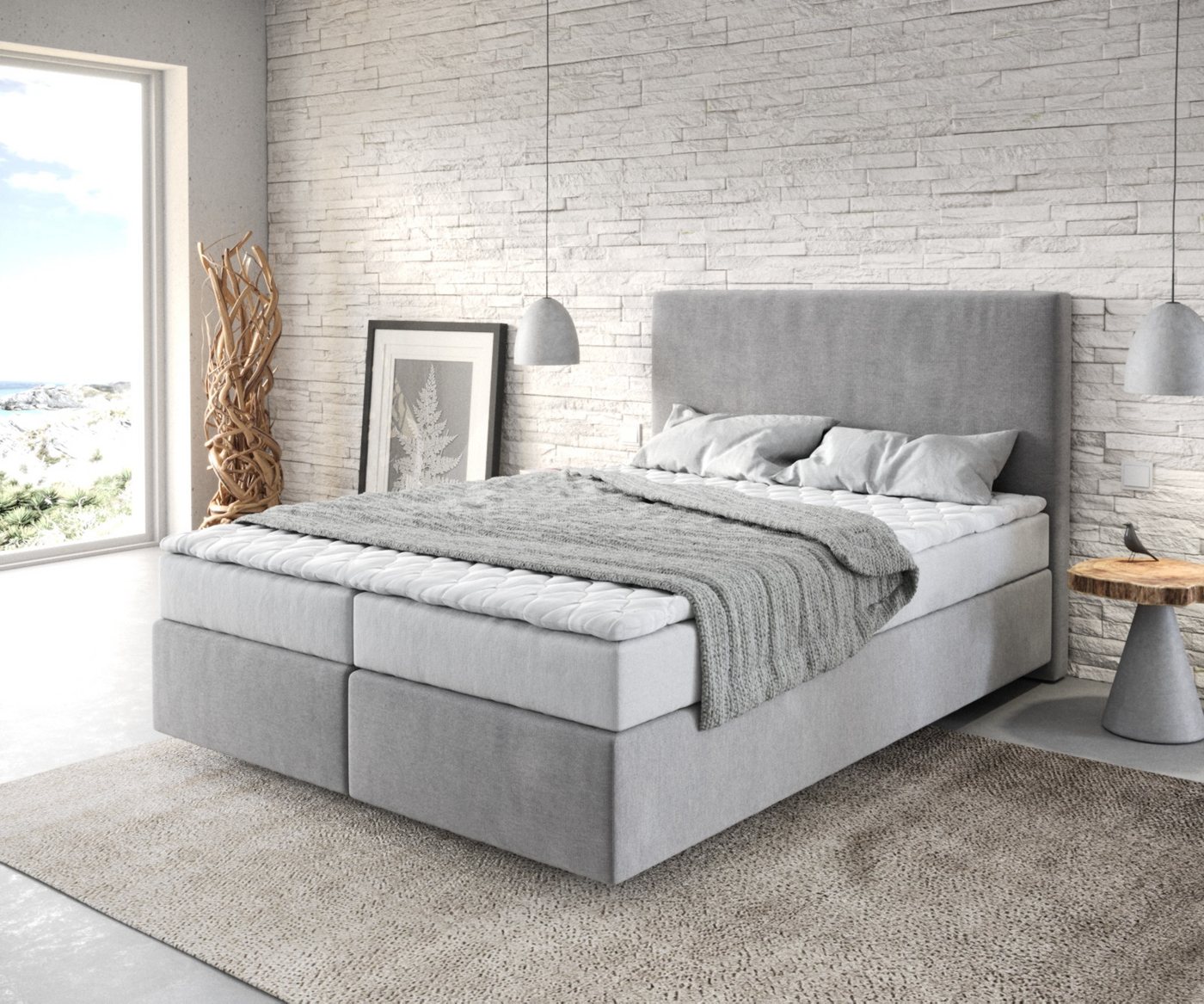 DELIFE Boxspringbett Dream-Well, Mikrofaser Grau 140x200 cm mit Matratze und Topper von DELIFE